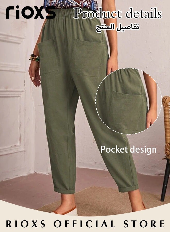 RIOXS Women's Long Pant, Casual Trousers With Front Pockets, Regular Fit Basic Trousers For Women, Ladies Classic Capri Pants, Baggy Wide Leg Pants, Elastic Waisted Loose Harem Pants, Comfy Beach Trousers For Work And Daily Wear-Green Trousers - Image 4
